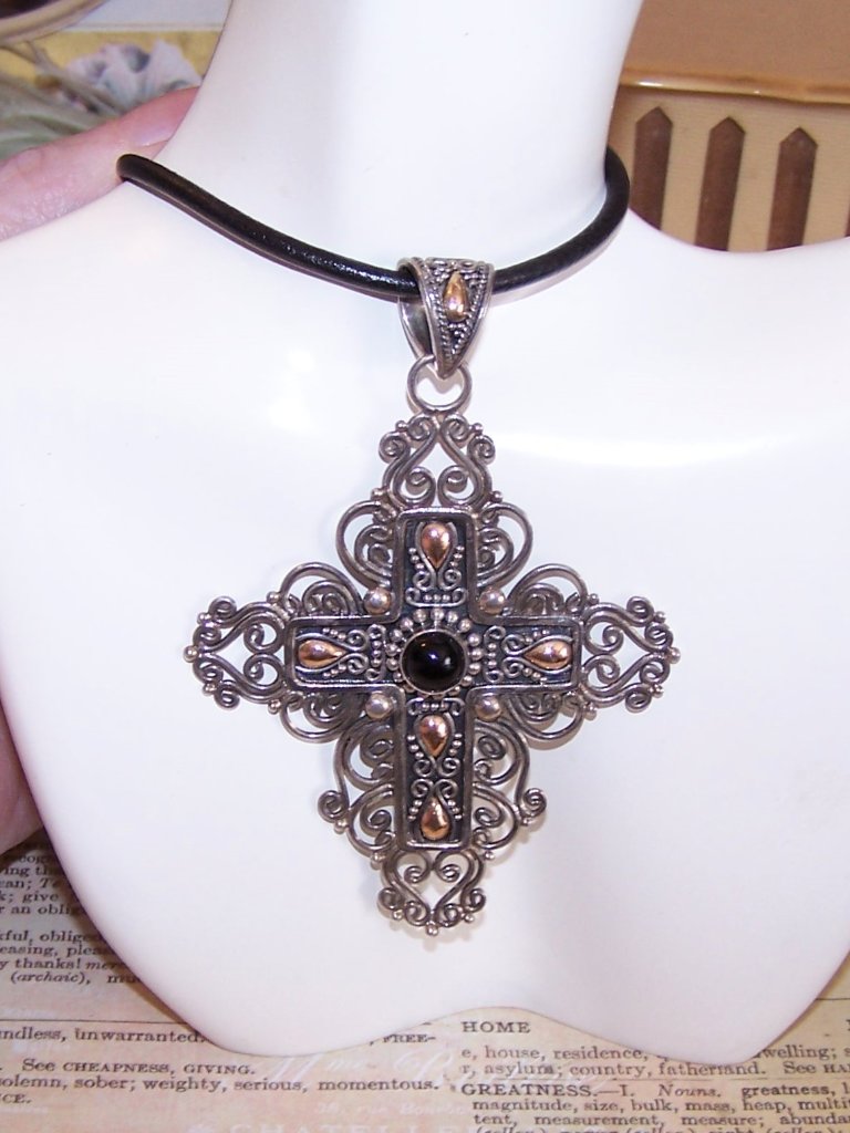 Indonesian Sterling Silver 18k Gold Black Onyx Filigree Cross Pendant